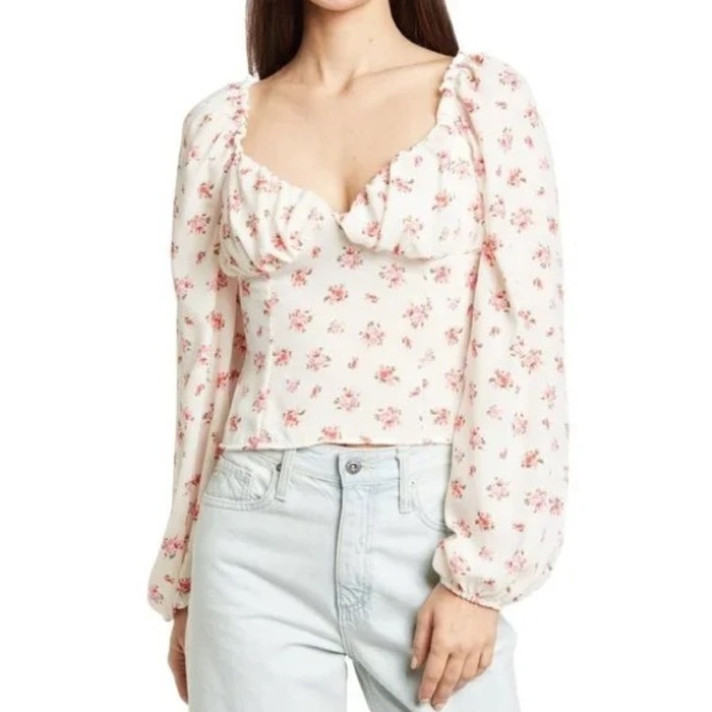 ABOUND‎ Woven Bustier Floral Long Sleeve Top In White Ditsy Floral, Size S, NWT